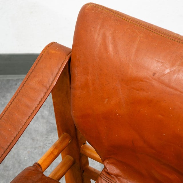 Wood Mid Century Danish Modern Lounge Chair Safari Brown Leather Arm Sling Vintage For Sale - Image 7 of 12