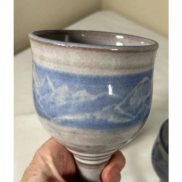 Rustic Vintage Signed Studio Pottery Chalice Wine Goblets Set of 5 Mountain Art For Sale - Image 3 of 11