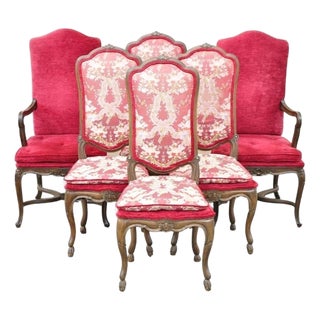 Vintage Italian Regency Style Carved Walnut Red Fabric Dining Chairs - Set of 6 For Sale