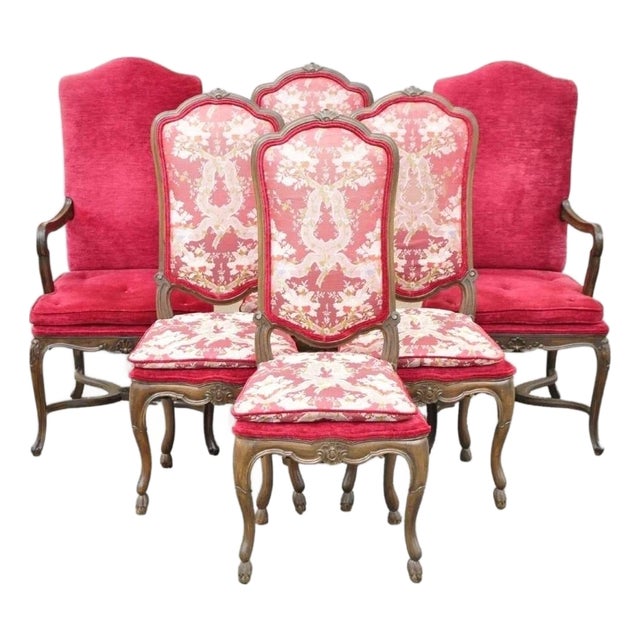 Vintage Italian Regency Style Carved Walnut Red Fabric Dining Chairs - Set of 6 For Sale