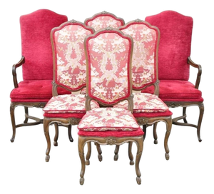 Vintage Italian Regency Style Carved Walnut Red Fabric Dining Chairs - Set of 6