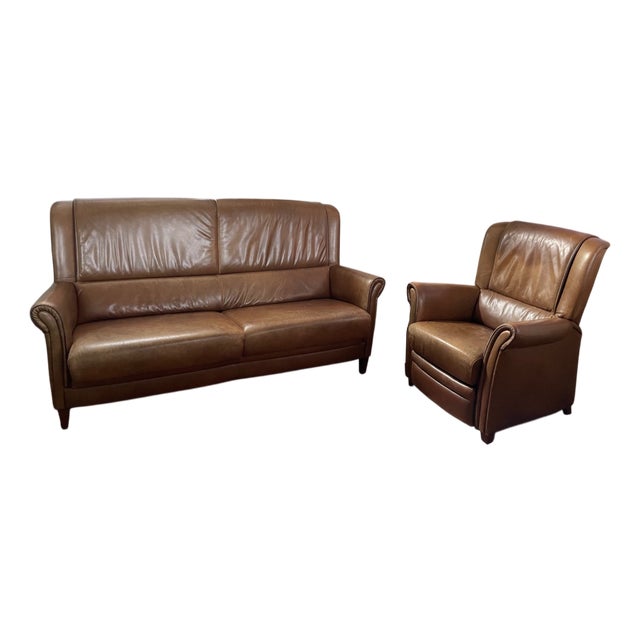 Sofa and Chair in Sheeps Leather with Wooden Floor Lamp, 1980s, Set of 3 For Sale