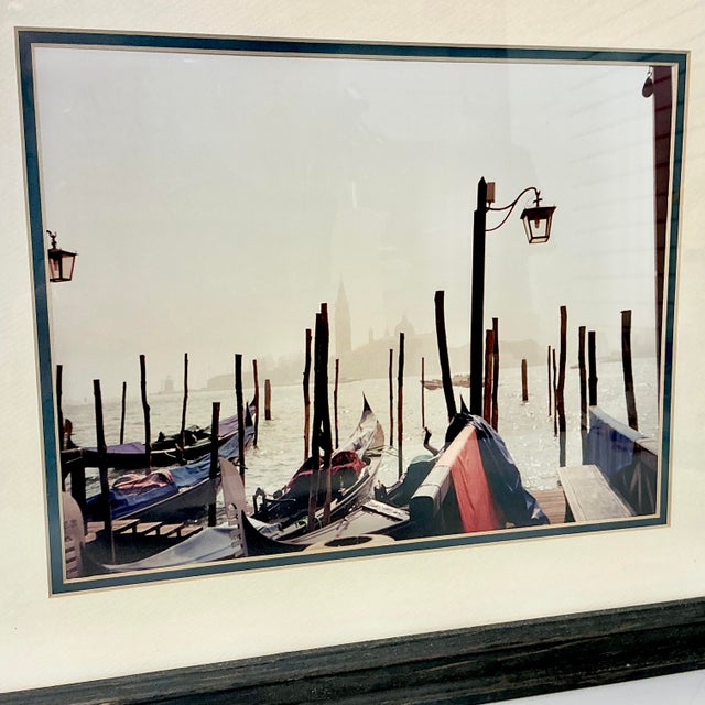 1980s Vintage Italian Coastal Venus Gondolas at Dock Framed Photography For Sale - Image 11 of 14