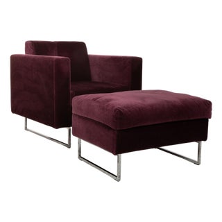 Embrace Set Armchair and Stool in Fabric Chrome Velour Velvet Purple Aubergine with Manual Function by Brühl, Set of 2 For Sale