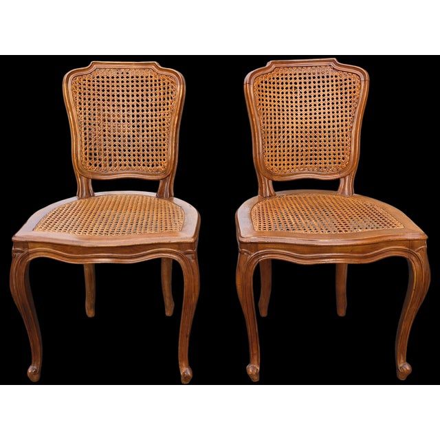 Brown Pair of Italian Louis XV Style Double Cane Back Walnut Dining Chairs With Hand Caning, Made in Italy, Mid-Century For Sale - Image 8 of 18