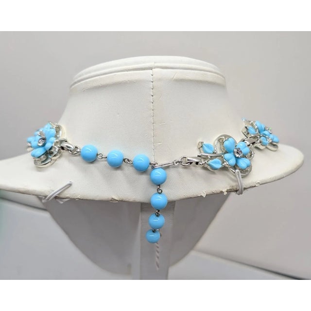 1950s Vintage Signed Kramer Blue Flowers & Clear Rhinestone Necklace, Vogue 1955 For Sale - Image 5 of 11