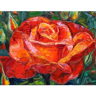 "Scarlet Rose" Original Expressionist Botanical Still Life Oil Painting on Canvas by Natalia Bessonova For Sale