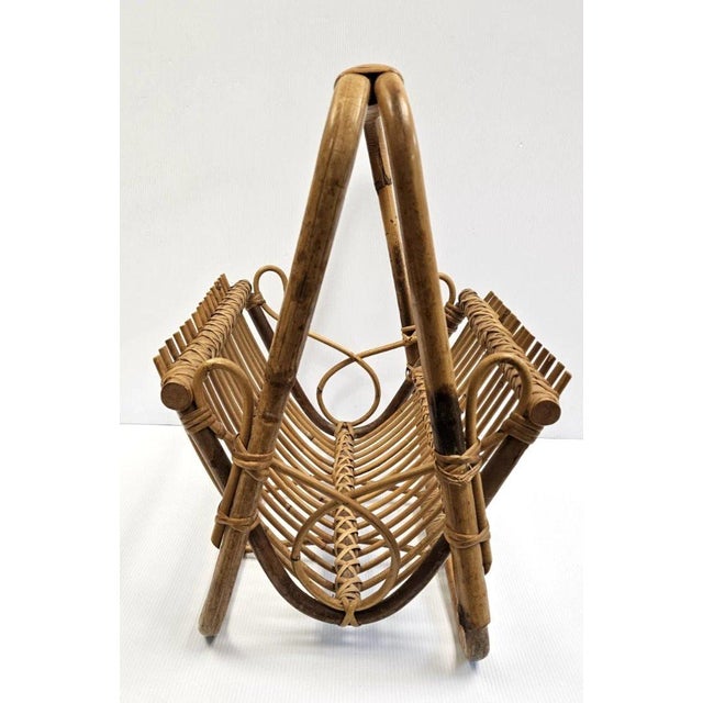 Vintage MCM Rattan Wicker 19" Magazine Rack Stand Franco Albini Style Boho Decor For Sale - Image 9 of 14