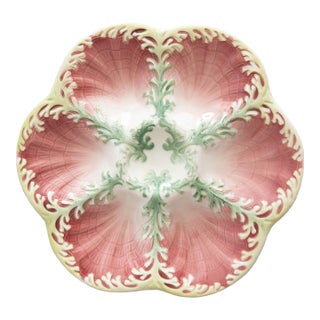 Antique French Keller and Guerin Luneville Majolica Pink Seaweed Oyster Plate, Circa 1890 For Sale