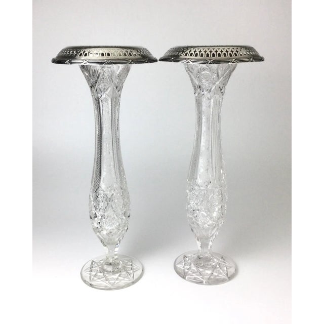 American Early 20th Century American Brilliant Cut Glass and Gorham Sterling Silver Vases Pair For Sale - Image 3 of 13