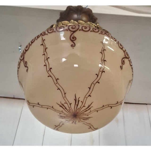 Antique Art Nouveau French Ceiling Lamp with Cream Painted Glass Shade on Brass and Bronze Mount, 1910s For Sale - Image 6 of 7
