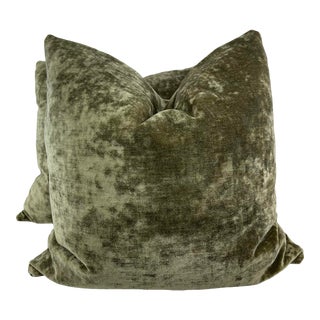 Olive Green Crushed Linen Velvet 22" Pillows-A Pair For Sale
