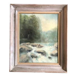 1960’s Original Vintage Impressionist Painting River Landscape With Falls & Rocks Original Modernist Frame Signed