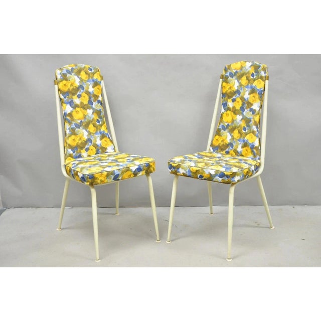 Vintage Retro Atomic Era Metal Kitchen Dining Chairs W/ Blue Yellow Flowers Pair For Sale - Image 12 of 12