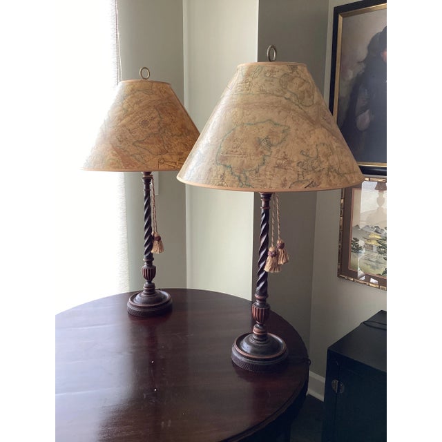 Wood Pair of 1990s Maitland-Smith Style Barley Twist Lamps With Tassels and Map Themed Shades For Sale - Image 7 of 8