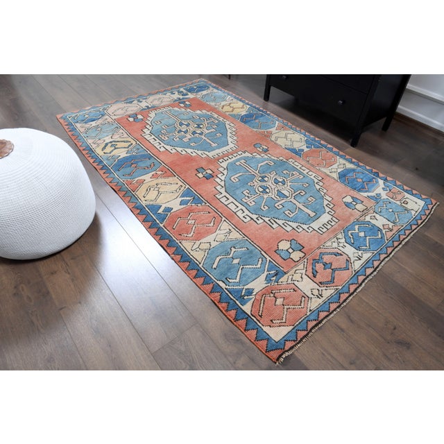 1970s Vintage Turkish Handmade Wool Cotton Orange Blue Area Rug For Sale - Image 4 of 11