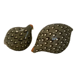 Les Céramiques De Lussan Grey and White Ceramic Cailles (Quails) by Heidi Caillard, a Pair For Sale