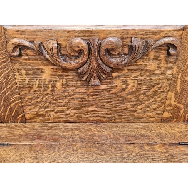 Antique American Tiger Oak Hall Tree With Carved Crest, Beveled Mirror & Storage Bench, C. 1900 For Sale - Image 14 of 18