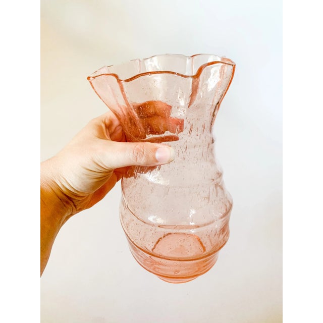 Vintage Blush Pink Murano Bubble Ruffle Edge Hand Blown Glass Swirl Vase For Sale - Image 11 of 11