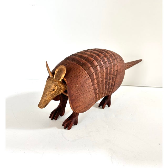 1990s Vintage Hand-Carved Wooden Armadillo Sculpture – Signed Folk Art Figure 1991 – Articulated Accordion Body For Sale - Image 5 of 12