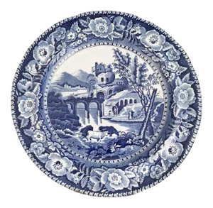 Antique Ruined Castle and Bridge Pattern Blue & White Transfer Plate
