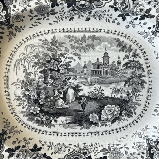 Farmhouse Antique English Black Transferware Platter “Italian Buildings” by P. Hall, C. 1820–1840 For Sale - Image 3 of 8