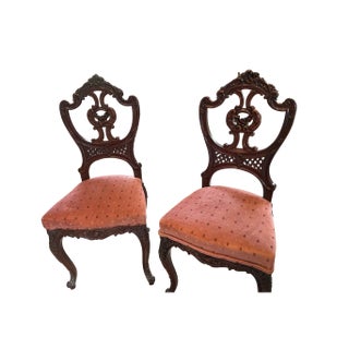 Late 19th Century Victorian Mahogany Parlor Chairs – Carved Elegance With Tapestry Charm (Pair) For Sale