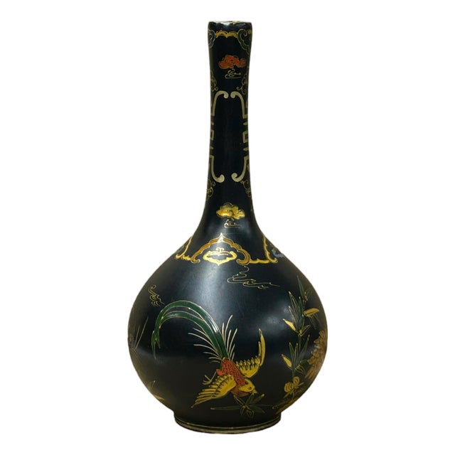 Chinese Black Lacquer Color Graphic Decorative Wood Vase Art For Sale