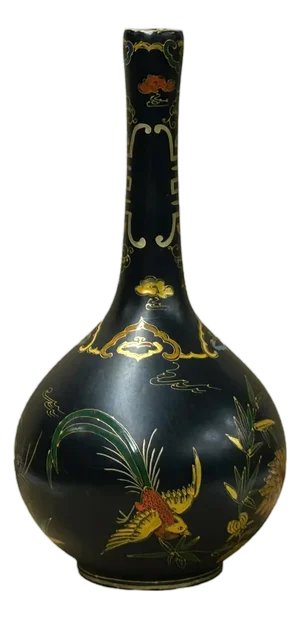 Chinese Black Lacquer Color Graphic Decorative Wood Vase Art
