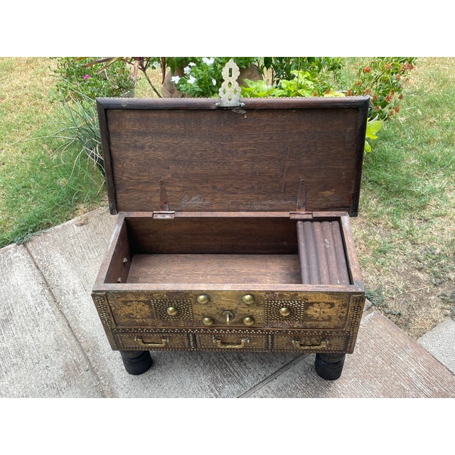 Zanzibar Blanket Chest Teak Wood With Brass Metal Overlay For Sale - Image 4 of 12