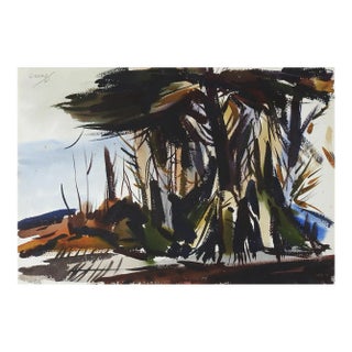 Vintage 1961 Modernist Forest Landscape Watercolor Painting Double Sided For Sale