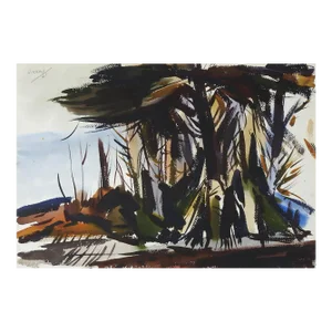 Vintage 1961 Modernist Forest Landscape Watercolor Painting Double Sided