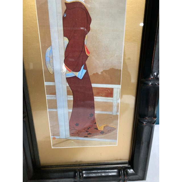 Vintage Framed Japanese Geisha Art Print With Black Bamboo Style Frame For Sale - Image 4 of 6
