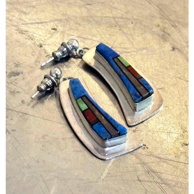Native American Style Silver Tone/Lapis Geometric Earrings For Sale - Image 4 of 4