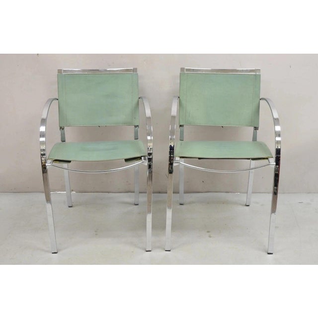 Late 20th Century Italian Modern Naos Italy Teal Blue Leather Chrome "Corset" Arm Chairs - A Pair For Sale - Image 12 of 12