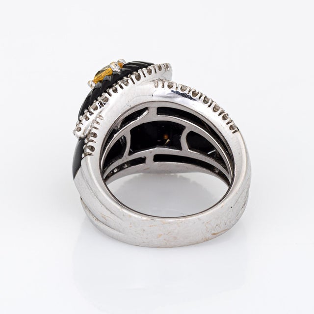 Mid 20th Century Fluted Onyx Yellow Sapphire Ring Sz 6.5 Diamond Cocktail Jewelry Fine Estate For Sale - Image 5 of 7