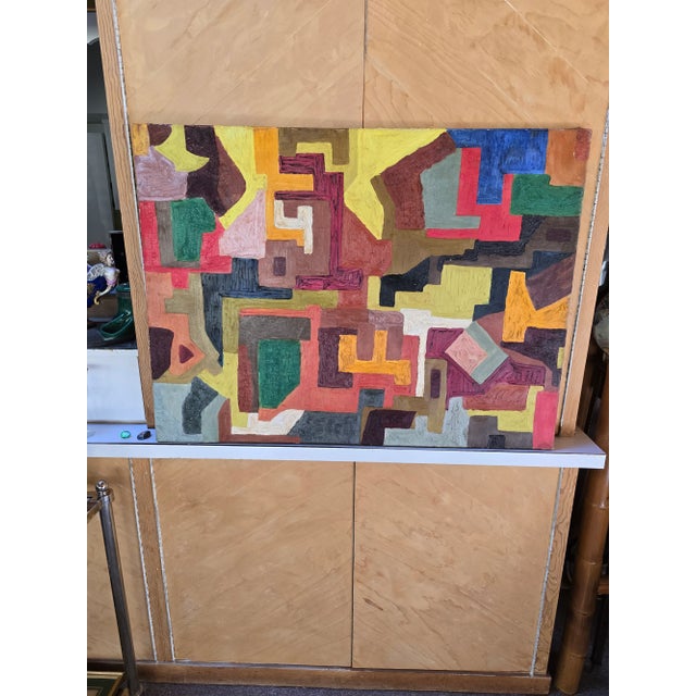A true mid century 1950 or earlier abstract expressionist painting. Having dramatic non figural shape formations in...