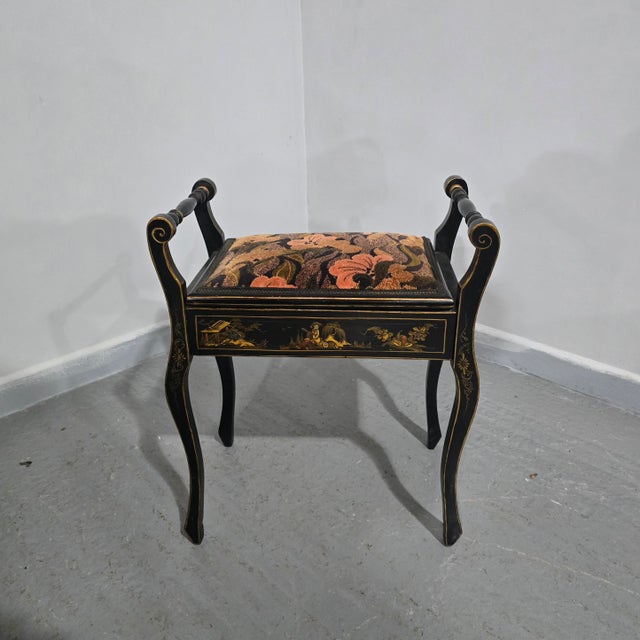 Nice black chinoicerie piano stool, hinged lift up lid, in very good overall condition. 24" high 21" wide 13" depth 21"...