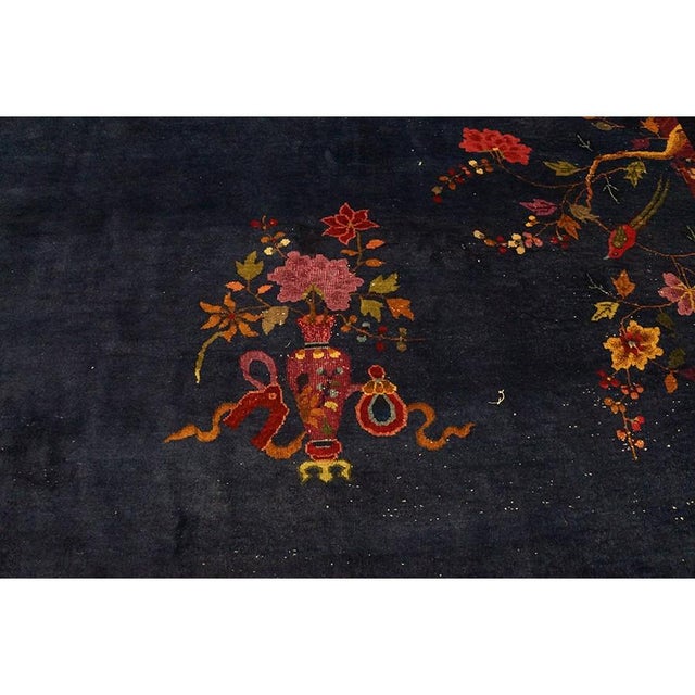 1920s Blue Navy Floral Medallion Vase Antique Chinese Art Deco Room Size Rug For Sale - Image 9 of 9