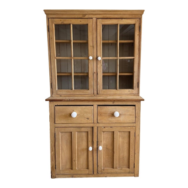 Antique English Glass Pine Hutch For Sale