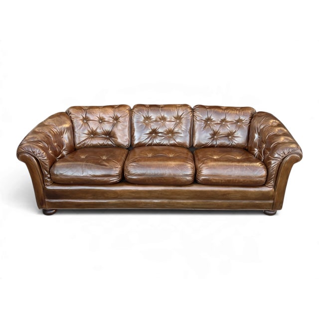 Vintage Chesterfield-Style Cognac Brown Leather Sofa With Button Tufting and Rolled Arms For Sale - Image 14 of 14