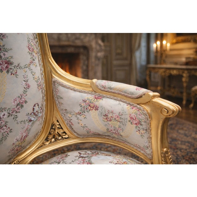 1970 French Louis XVI Gold Beech Damask Bergères - Pair For Sale - Image 6 of 14