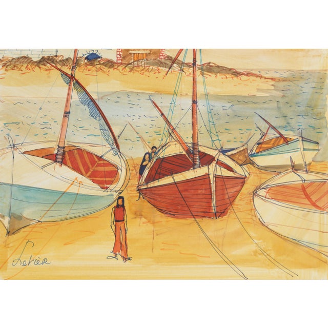 Large Sailboats on Shore I, Charles Levier Watercolor on Paper, Signed L.r. For Sale