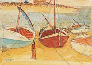 Large Sailboats on Shore I, Charles Levier Watercolor on Paper, Signed L.r.