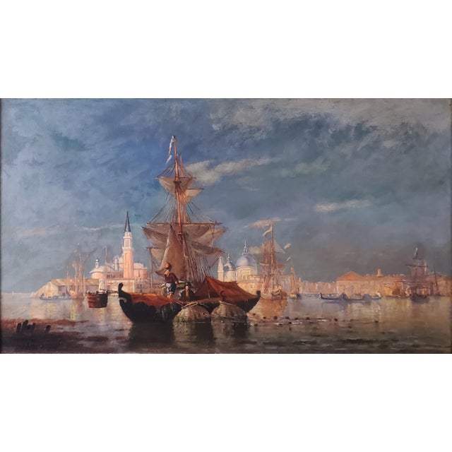 This evocative oil on canvas painting by Walter Lansil captures the atmospheric beauty of the Venitian Lagoon against a...