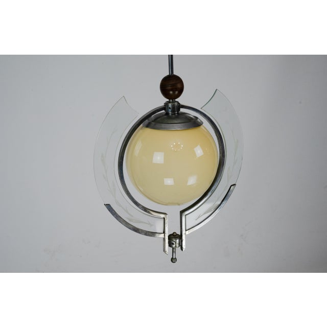 Art Deco Italian Pendant Light with Etched Glass and Amber Globe, 1930s For Sale - Image 6 of 17