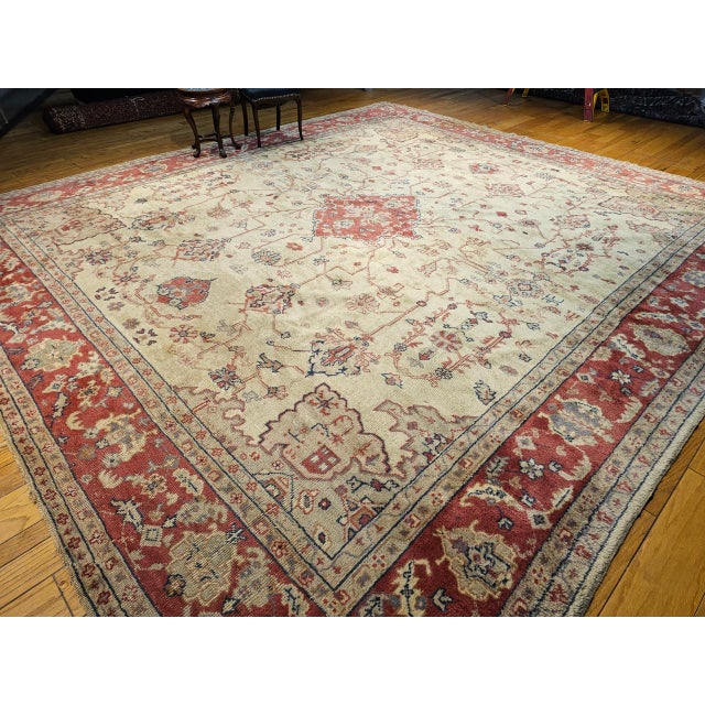 Antique Turkish Oushak Rug, Hand-Knotted Wool, Allover Geometric Pattern, Tan & Red, 14' X 15' For Sale In Chicago - Image 6 of 18
