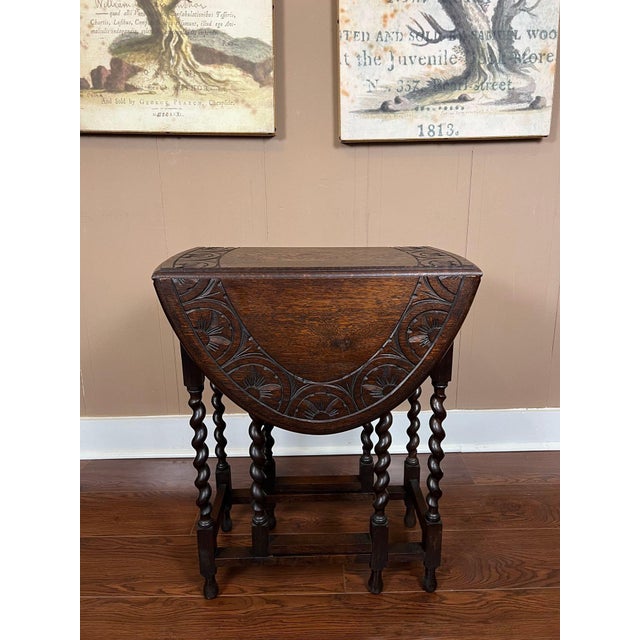 Brown Petite Antique English Side Sofa Table Barley Twist Drop Leaf Gateleg Carved Oak For Sale - Image 8 of 18