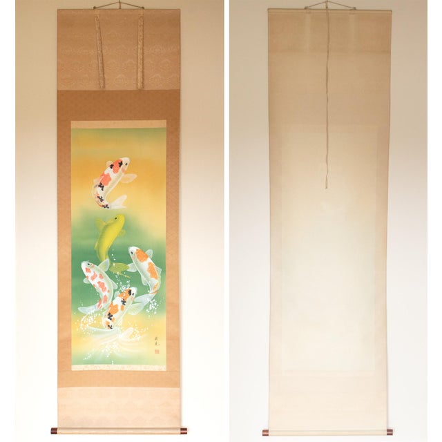"Dancing Carps" by Akimitsu Sataka, Japanese Silk Scroll Painting in Original Wooden Case For Sale - Image 17 of 18
