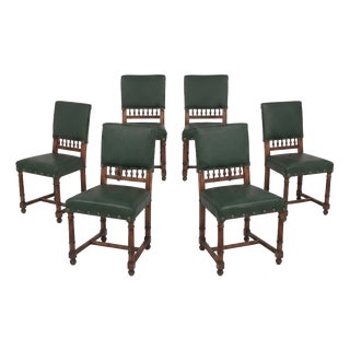 Vintage Dining Chairs in Deep Green with Brass Studs and Spindle Backrest, Set of 6 For Sale